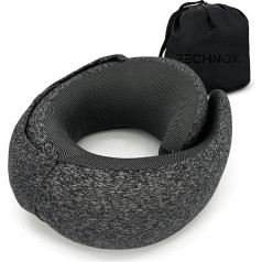 Ergonomic Travel Neck Pillow with Stowable Hood, Neck Pillow, Premium Memory Foam, 360º Contoured Design, Washable Cover, Complete Travel Set, for Aeroplane (Black)