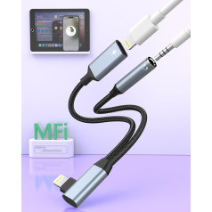 Apple MFi Certified: 2-in-1 iPhone Lightning to 3.5 mm Headphone Jack and Lightning Adapter, Right Angle Headphone Converter Splitter Compatible with iPhone 14/13/12/11/SE/X/8 Music + Charging + HiFi