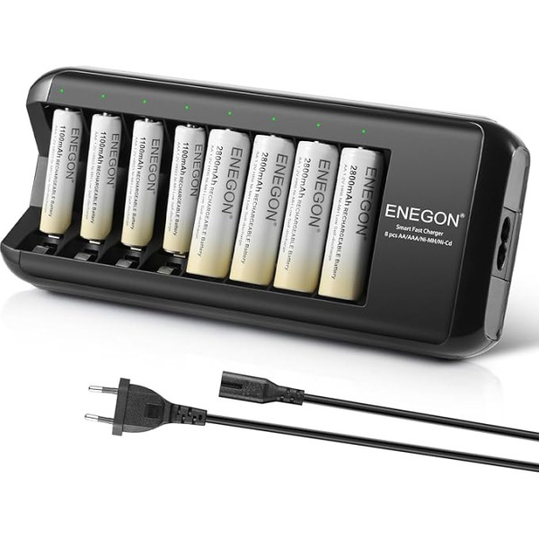 ENEGON Battery Charger (8 Slot) with 4 x 1100 mAh AAA & 4 x 2800 mAh AA Batteries, Rechargeable, High Capacity AA & AAA Battery Charger, Fast Battery Charger for AA/AAA NI-Mh Batteries