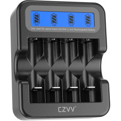 czvv Rechargeable AA AAA 4-Slot Lithium Battery Charger with LCD Display, Quick Charge Function, Overcharge Protection, Type C Input (Black)