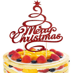 Merry Christmas Cake Topper Red Glitter Christmas Tree Topper Christmas Party Cake Sticks for Christmas Party Birthday Wedding Decorations