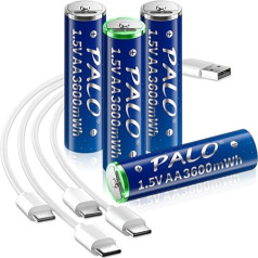 Mspalocell AA Battery USB-C Lithium Battery Rechargeable 1.5 V 3600 mWh, Quick Charge Rechargeable Batteries with Type-C Charging Cable, LSD Low Self-Discharge, with Charging Light, 4 Pieces 1.5 V