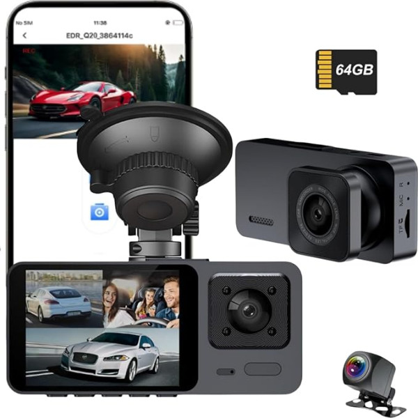 Dash Cam Car Front Rear 1080P WiFi Dash Cam with 64GB SD Card, Dual Car Camera with Parking Monitoring, Super Night Vision, WDR, 170° Wide Angle, G-Sensor, Loop Recording, App Control, Max 64GB