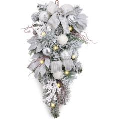 Valery Madelyn Christmas Teardrop Swag with LED Lights, 24 Inch Christmas Swag Christmas Garland with Silver Baubles Ornaments for Front Door, Stairs, Porch, Outdoor, Windows