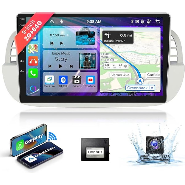 2G + 64G 9 Inch Car Radio Bluetooth for Fiat 500 2007-2015 Carplay Android Car Wireless, podofo 8-Core Android Radio 2 DIN with Screen GPS Navigation HiFi/RDS/FM DSP AHD Rear View Camera [Beige]