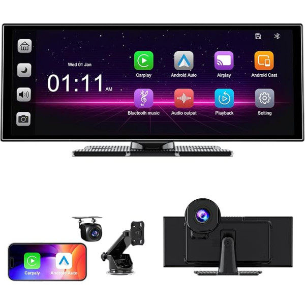 [2025 11 Inch Ultra Laminated 60fps Pro Touch Screen] 1920 x 720 HD Wireless Car Play Screen for Apple Carplay Android Auto OTA Updates, HD Front Dash Cam and Rear View Camera