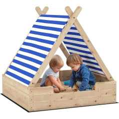 AIYAPLAY Sandpit with Cover, 120 x 120 cm, Made of Solid Wood, Impregnated Children's Sandbox with Tent Roof, Floor Fleece, Sand Box for Outdoor, Patio, Balcony, Garden
