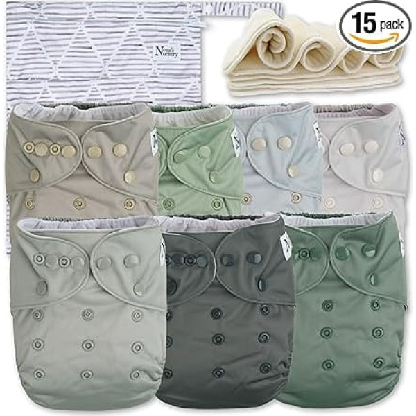 Nora's Nursery Morning Dew Cloth Nappies 7 Pack with 7 Inserts and 1 Wet Bag, Waterproof Cover, Washable, Reusable and One Size, Adjustable Pocket Nappies for Newborn and