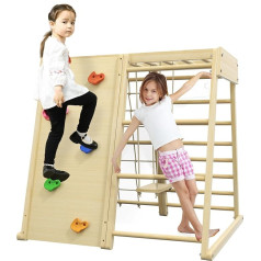 HOMCOM Playground 5-in-1 Climbing Set with Swing, Horizontal Ladder, Climbing Net, Climbing Wall, Climbing Toy for Children, 120 x 105 x 120 cm, Natural Beech Wood