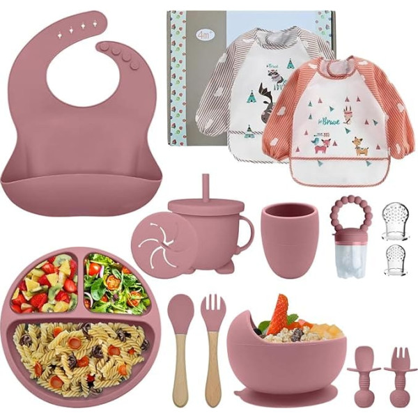 P' JOY Baby Plates, 15 Pieces Baby Food Dummy Spoon Bowl Baby Bibs Silicone Bibs Suction Plate for Baby Kids Cutlery Set for Slimming Food (Pink)