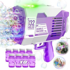 132 Holes Bubble Gun Children's Automatic Soap Bubbles Machine LED Soap Bubbles Gun with 8 Soap Bubbles Liquid Toy for 3-8 Years Boys Girls Gifts Wedding (Purple)