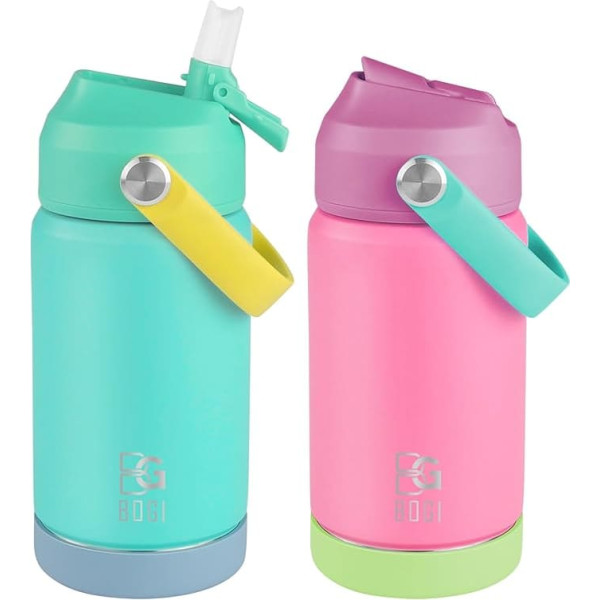 BOGI Children's Stainless Steel Water Bottle with Straw, Pack of 2 Thermos Flask 350 ml BPA Free Leak-Proof Thermal Water Bottle for School