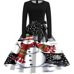 Weihnachtsmann Kostüm Damen 50er Jahre Audrey Hepburn-Stil Elegantes Weihnachten Rockabilly Kleid Langarm Rundhals Nikolaus Vintage Midilang Spitzenkleid Silvester Schneeflocken Wichtel REH Kleider