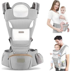 Ergonomic Baby Carrier for Newborns, Ergonomic Baby Carrier 0-36 Months (Under 25kg) with Multi-Position Seat with Headrest and Hood, Pure Cotton, Breathable, Lightweight, Grey