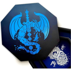 Fantasydice Blue Fire Dragon Dice Tray with Dice Sword and Wizard Book Artwork - 9 Inch Octagonal with Lid Holds 5 Dice Sets - Perfect for D&D, Pathfinder, Call of Cthulhu and All