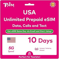 USA eSIM 10 Days Unlimited High Speed Data, Local Calls and SMS on T Cellular Network (Hawaii Included). No Waiting for the Package. Receive eSIM the same day via email and get started