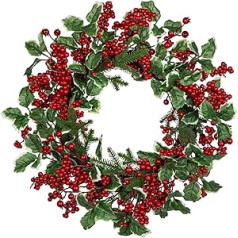 Hollyone 45 cm Christmas Wreath Door Wreath Christmas Decoration, Artificial Wreath with Red Berries and Holly Leaves, Winter Wreath for Outdoor Indoor, Window, Home, Holiday Decoration