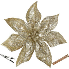Oairse Set of 8 Artificial Glitter Christmas Flowers, Poinsettia Flowers with Clips for Christmas Tree DIY Decoration, Artificial Flowers for Holidays, Dining Table Centerpiece, New Year Ornaments,