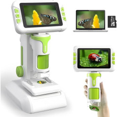 Microscope for Children, Digital Microscope with 4 Inch LCD Display and 1600X Large Magnification, Microscope for Kids with 64GB Memory Card, Photo and Video Recording, Hand and Tripod