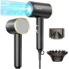 Dekuri Ionic Hair Dryer, 1800 W Powerful & Quick Drying, Ultralight 330 g, 2 Speeds, 3 Temperature Settings, with Diffuser & Concentrator for Men and Women - Gold