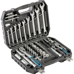 Högert Technik Tool Set 85-Piece Socket Spanner and Bit Set 1/4 Inch and 1/2 Inch CRV Steel Ratchet 72T Fork Ring Wrench DIN 3124 in Steel Case