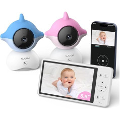 WUUK 2K Baby Monitor with 2 Cameras and App, 5.5 Inch Display with 360° PTZ Baby Monitor, 10x Zoom, 305 m Stable Connection, App Support, One-Touch Call, Motion / Noise Detection, White Noise