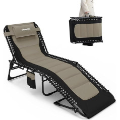 WKFAMOUT Oversized Sun Lounger Folding Garden Lounger 5 Adjustable Backrest Outdoor Foldable XXL Tripod Lounger Beach Lounger Camping Bed up to 150 kg with Cushion Side Pocket 200 x 68 cm Khaki