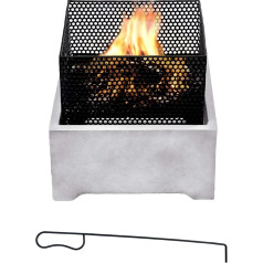 Teamson Home Garden Small 38 cm Square Wooden Fire Pit, Garden Furniture, Fireplace, Fire Pit Heater, Metal Wood Burner with Poker, Grey/Black