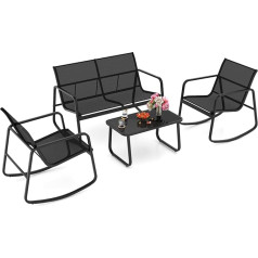 GOPLUS OQ22640ELFR 4-Piece Bistro Set with Seesaw, Garden Furniture Set with Sofa, 2 Rocking Chairs & Glass Coffee Table for Porch Balcony