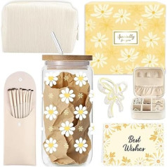 Gifts for Girls Teenagers 10 11 12 13 14 15 16 18 Years, Back to School Birthday Gift Girls Teenagers Women, Glass Cup with Straw and Lid, Makeup Brush, Cosmetic Bag, Jewellery Box