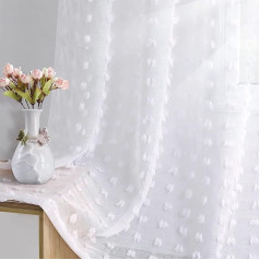 Joywell Doris Living Room Curtains for Children's Room Bedroom Pompoms in Linen Look Linen Texture Ready Made Curtain for Large Windows White 225 x 140 cm Set of 2