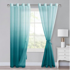 XWZO Ombre Curtains with Eyelets, Colour Gradient, Voile, Sheer Curtains, Set of 2, for Bedroom and Living Room, Loop Curtains with Tiebacks, 225 x 140 cm (H x W), Turquoise