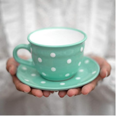 City to Cottage - Ceramic Coffee Mug, Tea Cup, 350 ml, Turquoise and White Polka Dots, Handmade Coffee Cup with Saucer, Cappuccino Cup