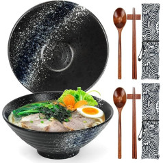 Set of 2 Ceramic Ramen Bowls, Japanese Noodle Bowls with Chopsticks & Spoon for Ramen Soup Pasta Fruit Salad Rice Food, 1050 ml, 20 cm Large, Housewarming Gifts (Midnight Blue)