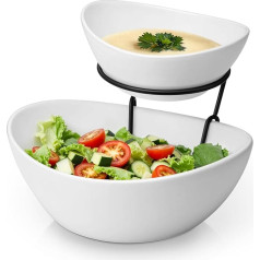 MALACASA 2-Tier Fruit Stand Stoneware with Metal Frame, Fruit Basket Stander, Serving Bowl, Bowl for Fruit, Snacks, Vegetables and Desserts, White