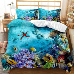 AOXHFNV Bed Linen for Sea Turtles, 135 x 200 cm, Blue Underwater World Theme Starfish, Small Fish and Coral Red Pattern Duvet Cover for Children, Boys, Girls (Starfish)