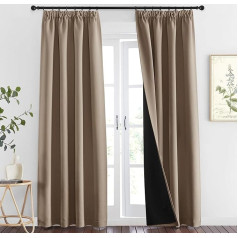 PONY DANCE Opaque Curtains for Rail System, H 245 x W 140 cm, Bedroom Curtains, Opaque, Set of 2, Double Layer Blackout Curtains, Thermal Curtain with Ruffle Tape, Cappuccino