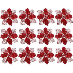 NUOBESTY Pack of 12 Artificial Christmas Flowers Glitter Flowers Poinsettia Flowers Christmas Tree Flowers Decoration DIY Decoration Red