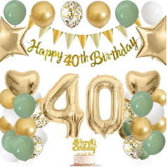 40th Birthday Decoration for Women Men Green Gold Party Supplies Set with Banner, 40 Inch Foil Balloons, Cake Topper & Latex Balloons Happy Birthday Bunting Confetti Balloons