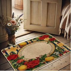 Fußmatte mit buntem Blumenmuster, rote Rosen und gelbe Zitronen, für drinnen und draußen, rustikale Heimdekoration, rutschfeste und leicht zu reinigende Eingangsmatte, Frühlings- und Sommer-Stil, 73 x