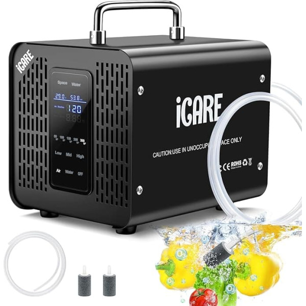 Smart Ozone Generator 60000 mg/h with 2 Modes, Digital Ozone Generator for Water and Air, Ozone Device with 120 Minute Timer for 300 ㎡ Odour Killer for Car, Smoke, Pet Odours, Kitchen Odours