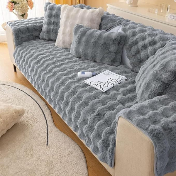 XSlive Soft Warm Faux Fur Couch Cover Thick Shaggy Fluffy Non-Slip Solid Color Plush Sofa Slipcover Furniture Protector for Kids Pets (Dark Gray, 28 x 35 Inch)