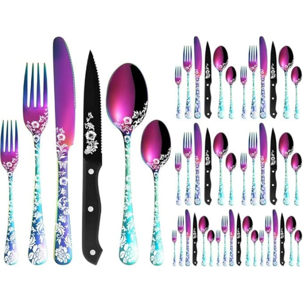 XIAOYU 48 Piece Cutlery Set with Steak Knives, Stainless Steel Cutlery Set for 8 People, Spoon Forks Knife Set with Unique Peony Blossom Laser, Dishwasher Safe, Rainbow