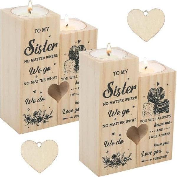 Set of 2 Personalised Wooden Candle Holders, Friendship Gift with 2 Hearts, Sympathy Gift for Best Sister, Girlfriend, Memorial Candles, Personalised Friendship Gifts for Women,