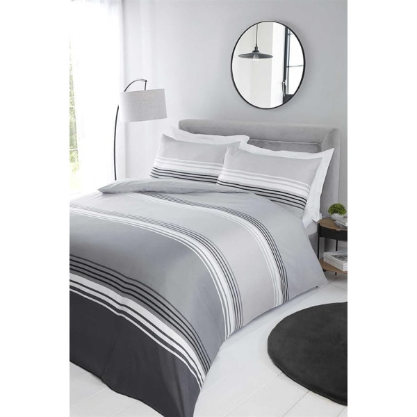 Rapport Home Chicago Grey Stripe Double Duvet Cover Set Microfiber Non Iron 180 Thread Count
