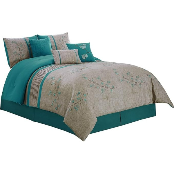 Chezmoi Collection Noriko 7 Piece Cherry Blossom Teal Floral Embroidery Duvet Cover Bedding Set, King Size