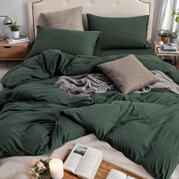 PURE ERA Jersey Knit Duvet Cover Set 100% T-Shirt Cotton Super Soft Comfortable Solid Color Black Green with Zipper (3 Piece Bedding Set, 1 Duvet Cover + 2 Pillowcases)