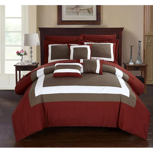 Chic Home Duke King 10 Piece Color Blocked Comforter Set King Size with 2 Pillow Shams, 3 Pillows and King Duvet Set (Brick Red)