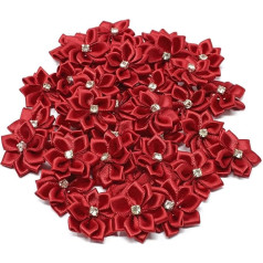 25mm Dark Red Satin Ribbon Flowers with Diamante Centre - Pack of 25