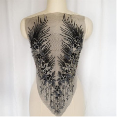 Aufnäher for Kleidungsapplikationen, Hochzeitskleid-Dekoration, schwarzer Spitzenstoff, Blumenquaste, Perlen, Strass, bestickte Kleid-Applikation, Zierleisten, Kragen, Netz, for Aufnähen for Hochzeits